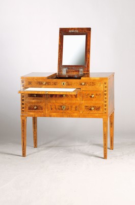 Image dressing table, Louis-Seize, around 1790, walnut veneer with fine ribbon inlets, ...