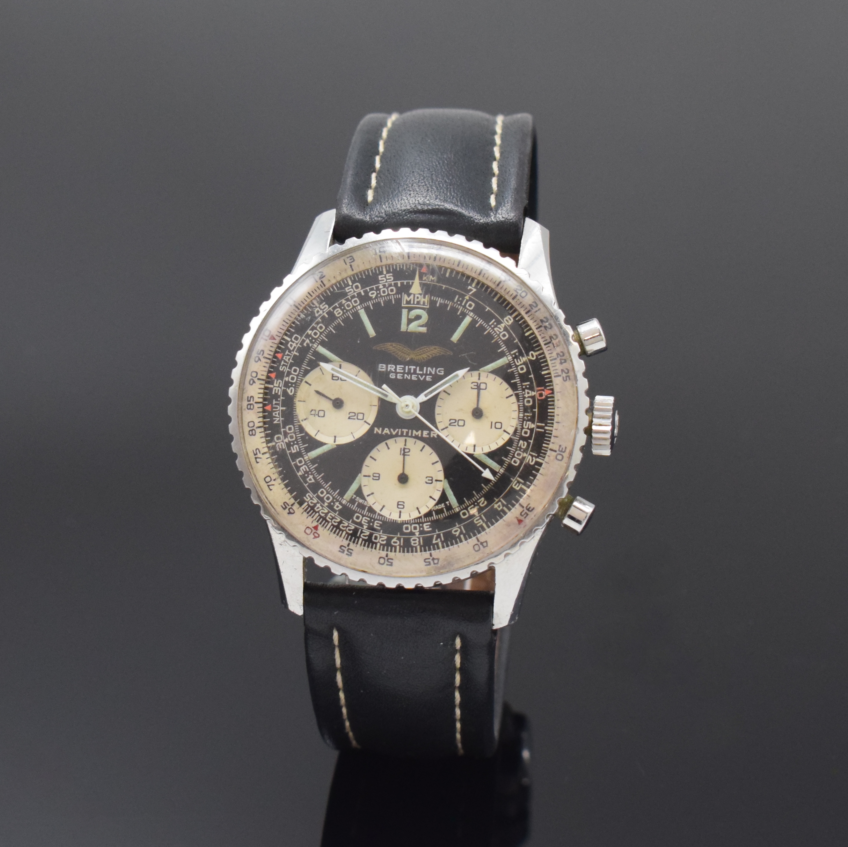 BREITLING Schaltradchronograph Navitimer für die Irakische Luftwaffe, Schweiz um 1960, Handaufzug, 3-tlg. Edelstahlgeh., aufgedr. Boden m. ...