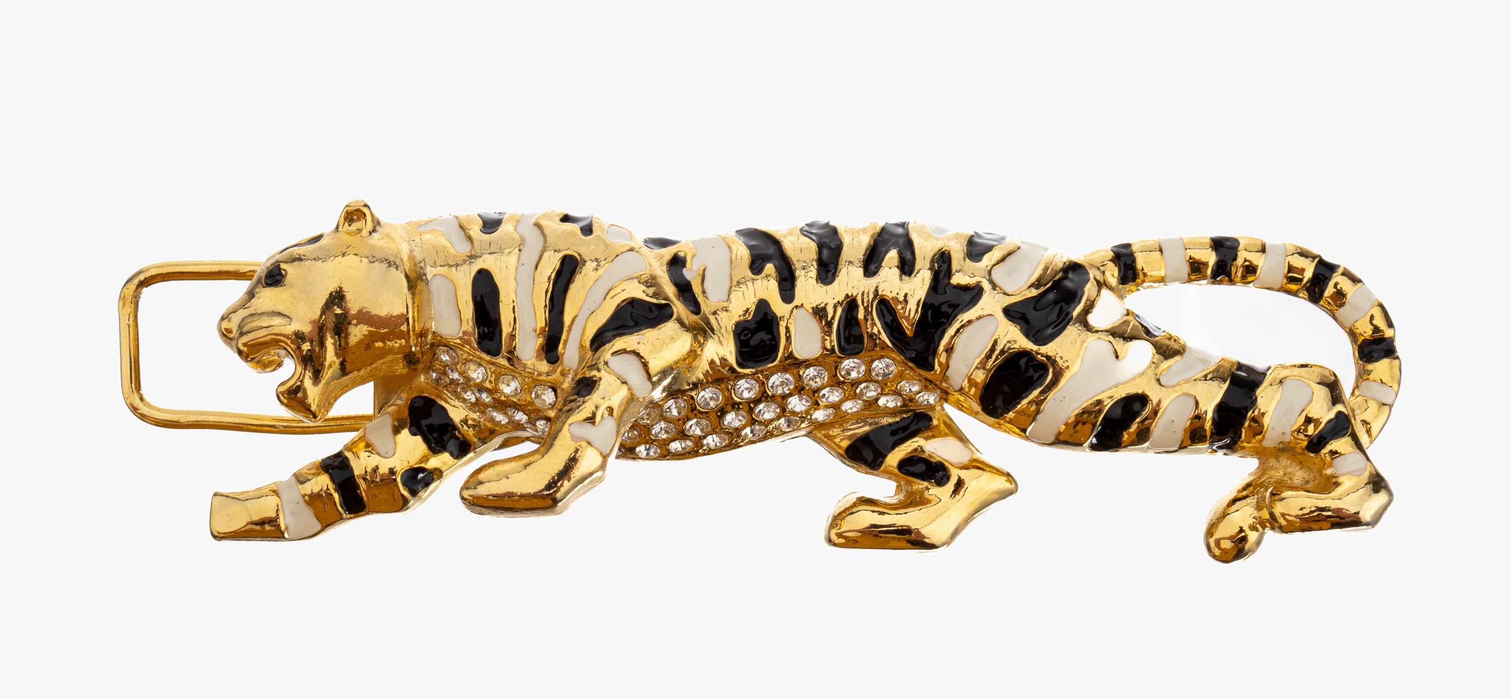 Gürtelschließe "Tiger", Metall verg., schwarzer und weißer Hartlack, farbloser Strassbesatz, L. ca. 11 cm
