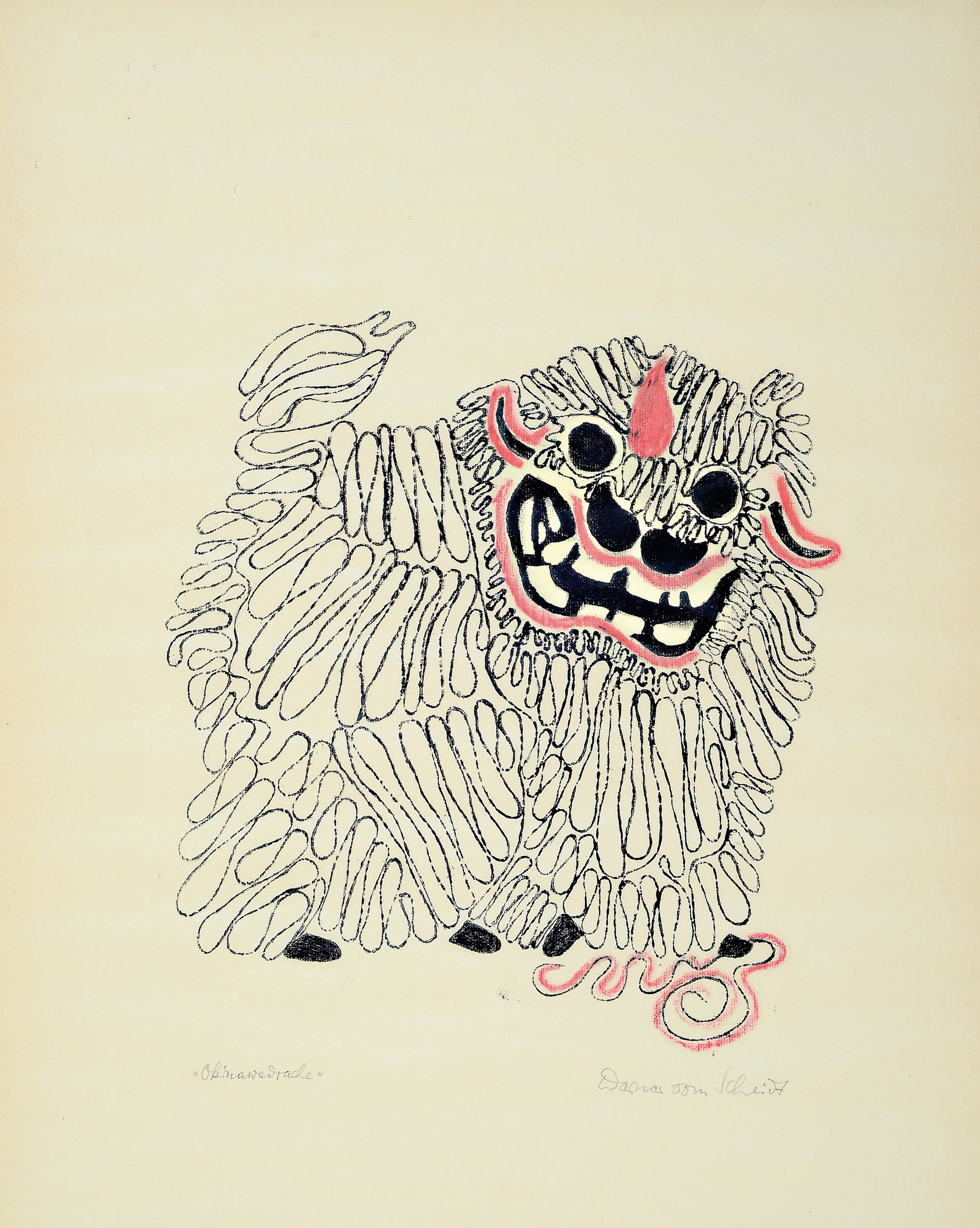 Werner vom Scheidt, 1894 Großblittersdorf-1984 Bad Bergzabern, 2 Holzschnitte: "Okinawadrache" Holzschnitt in schwarz und rot, sign. und ...