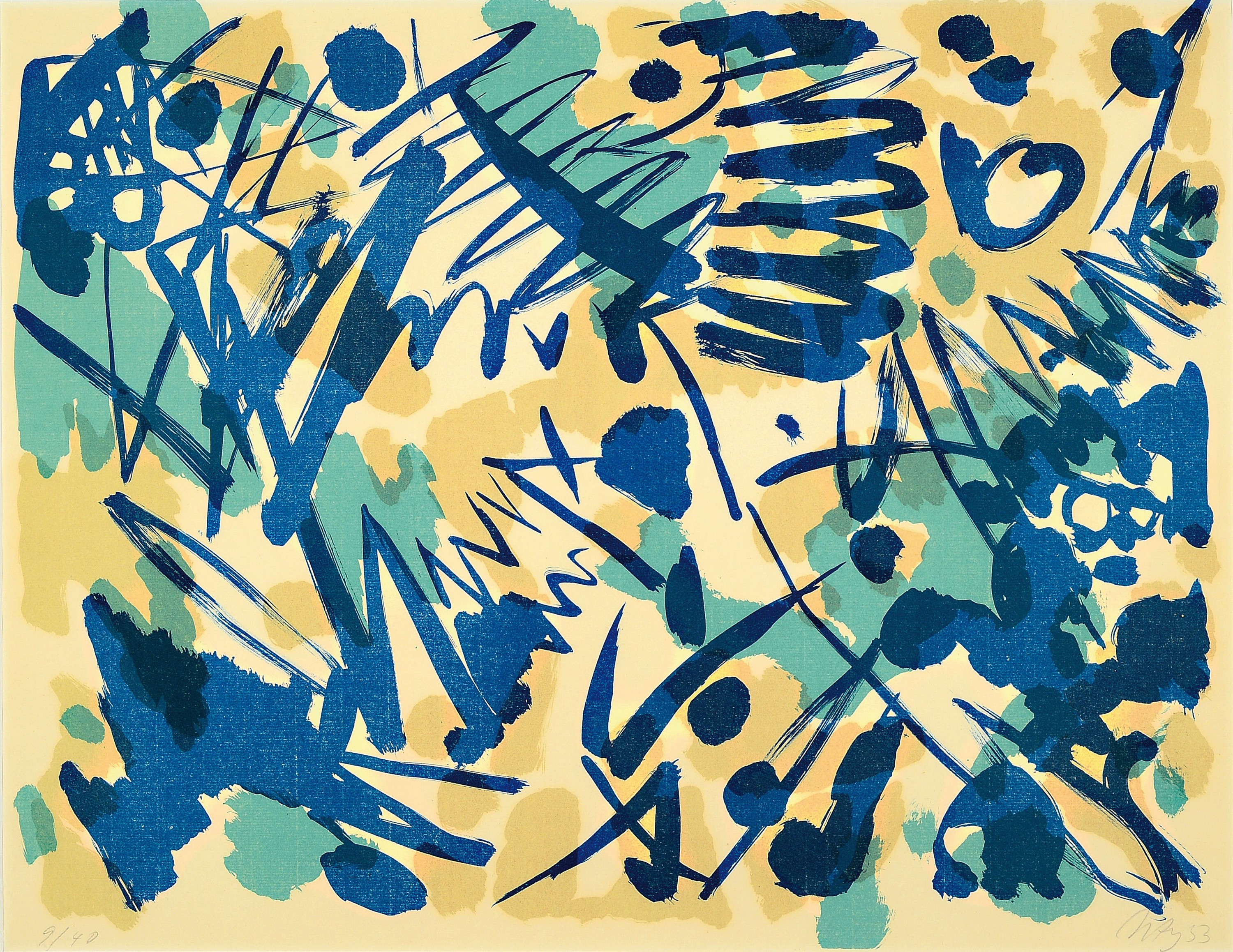 Ernst Wilhelm Nay, 1902-1968, Algraphie 1953-2, Farblithographie, handsigniert und dat. 53, num. 9/40, ca. 48x61cm, PP, u.Gl., R. ca. 6+4x76cm