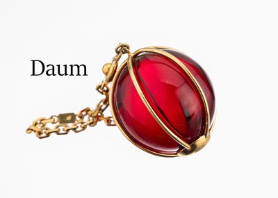 Image Key ring Daum , metal gold plated, red glasssphere diam. approx. 32.7 mm, l. approx. 10 ...