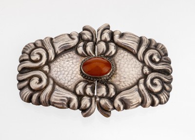 Image Belt buckle , Scandinavia 1960s, 826 silver,centered amber-cabochon, hammer finish, 2- ...