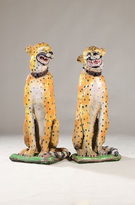 Image Pair of large cheetah sculptures, mid-20th century, ceramic, polychrome painted, height ...