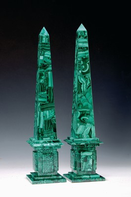 Image pair of Obelisks of malachite, contemporary, H. each approx. 40.5cm