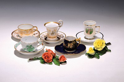 Image Nine mocha cups with saucers and two table decorations, 20th century, porcelain, floral ...