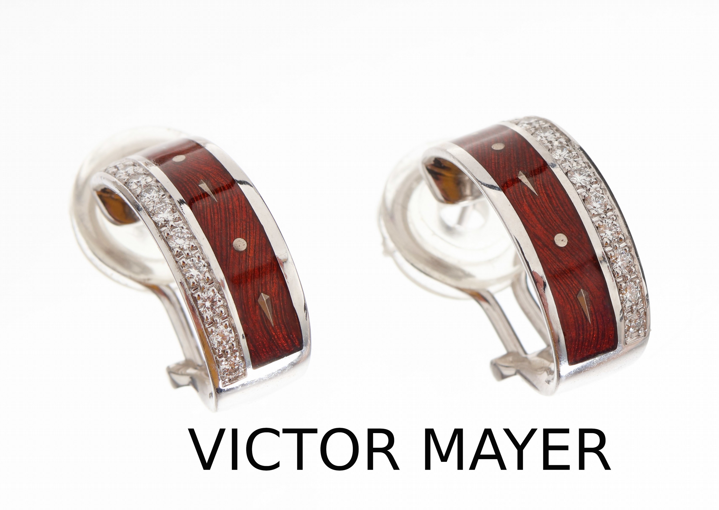 Paar 18 kt Gold Brillant-Ohrclips, WG 750/000, Meistermarke VICTOR MAYER, rotbraun emailliert, Brillanten zus. ca. 0,22 ct (grav.) Weiss/si, total ...