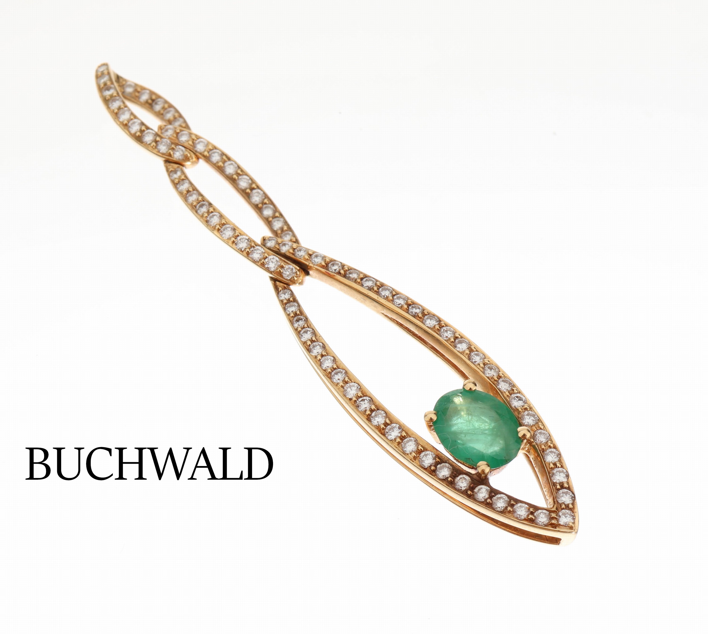 18 kt Gold Smaragd-Brillant-Anhänger, GG 750/000, Meistermarke BUCHWALD, ovalfacett. Smaragd 1.38 ct, Brillanten zus. ca. 1.04 ct Weiß/si, L. ca. ...