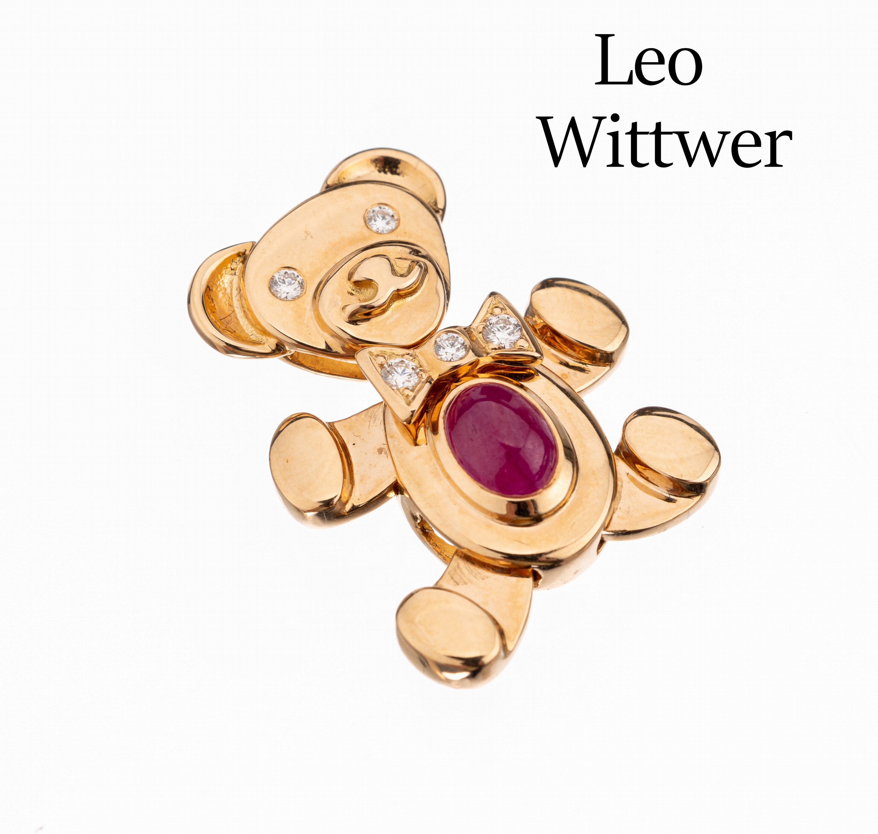 18 kt Gold LEO WITTWER Rubin-Brillant-"Teddy" Anhänger, GG 750/000, Bauch besetzt mit Rubincabochon ca. 0.30 ct, Augen und Schleife ...