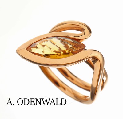 Image 18 kt Gold Citrin-Ring, GG 750/000, Meistermarke ODENWALD, Citrin-Navette ca. 2.83ct, ...