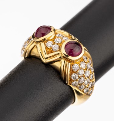 Image 18 kt gold ruby-diamond-ring , YG 750/000, 2oval ruby cabochons total approx. 1.25 ct, ...