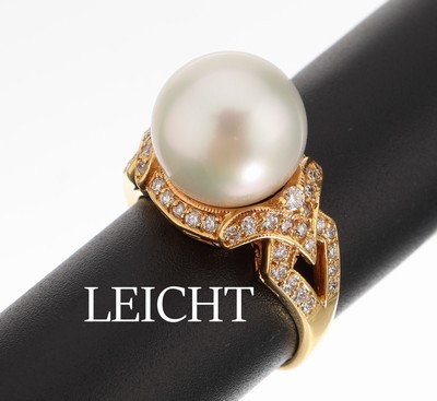 Image 18 kt gold pearl-brilliant-ring , YG 750/000, manufacturer's brand LEICHT, ...