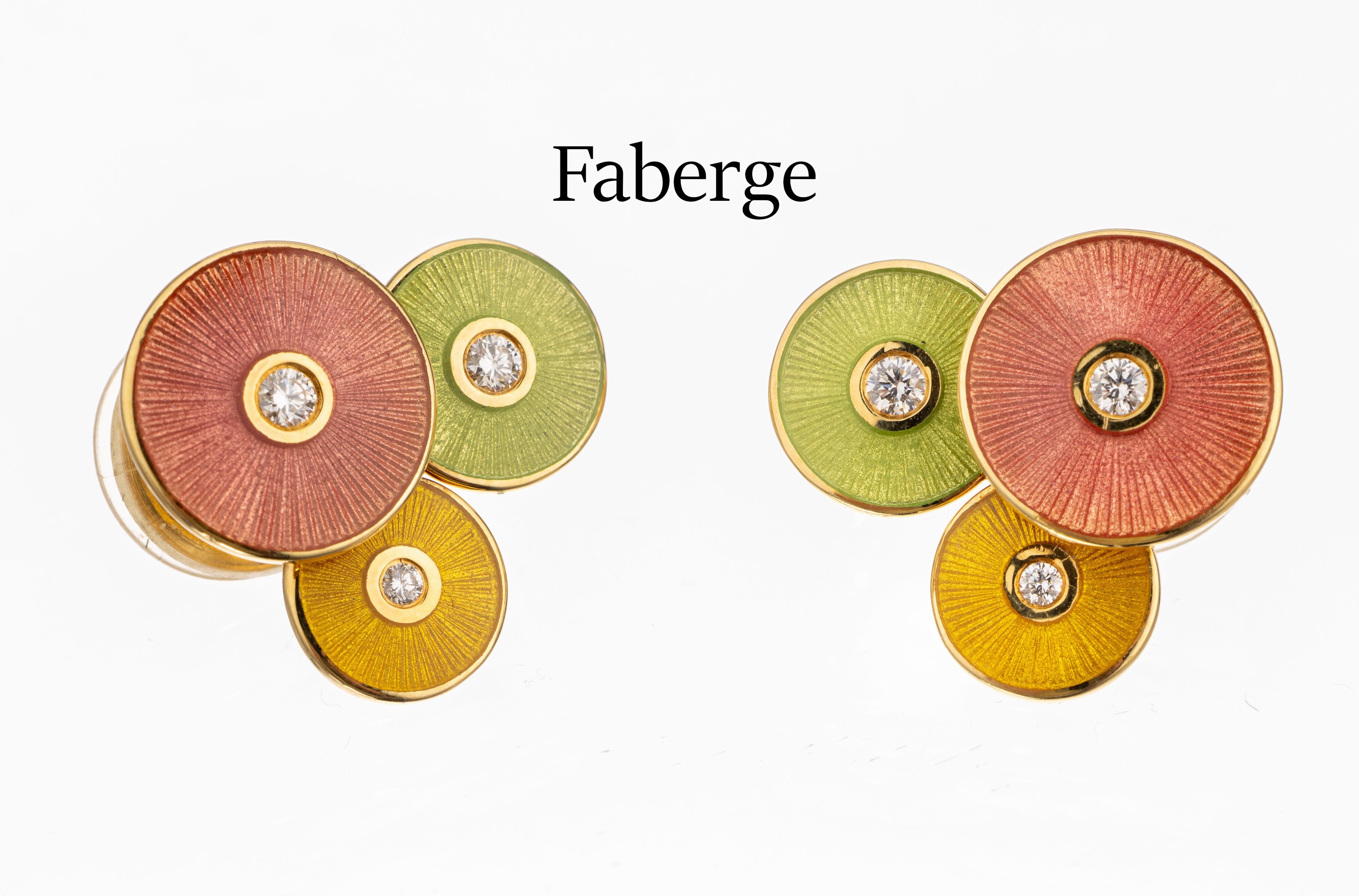 Paar 18 kt Gold FABERGE Email-Brillant- Ohrstecker, GG 750/000, 3 emailierten Kreisen in Gelb, Grün und Rose sowie 3 Brillanten zus. ca. 0.20 ct ...