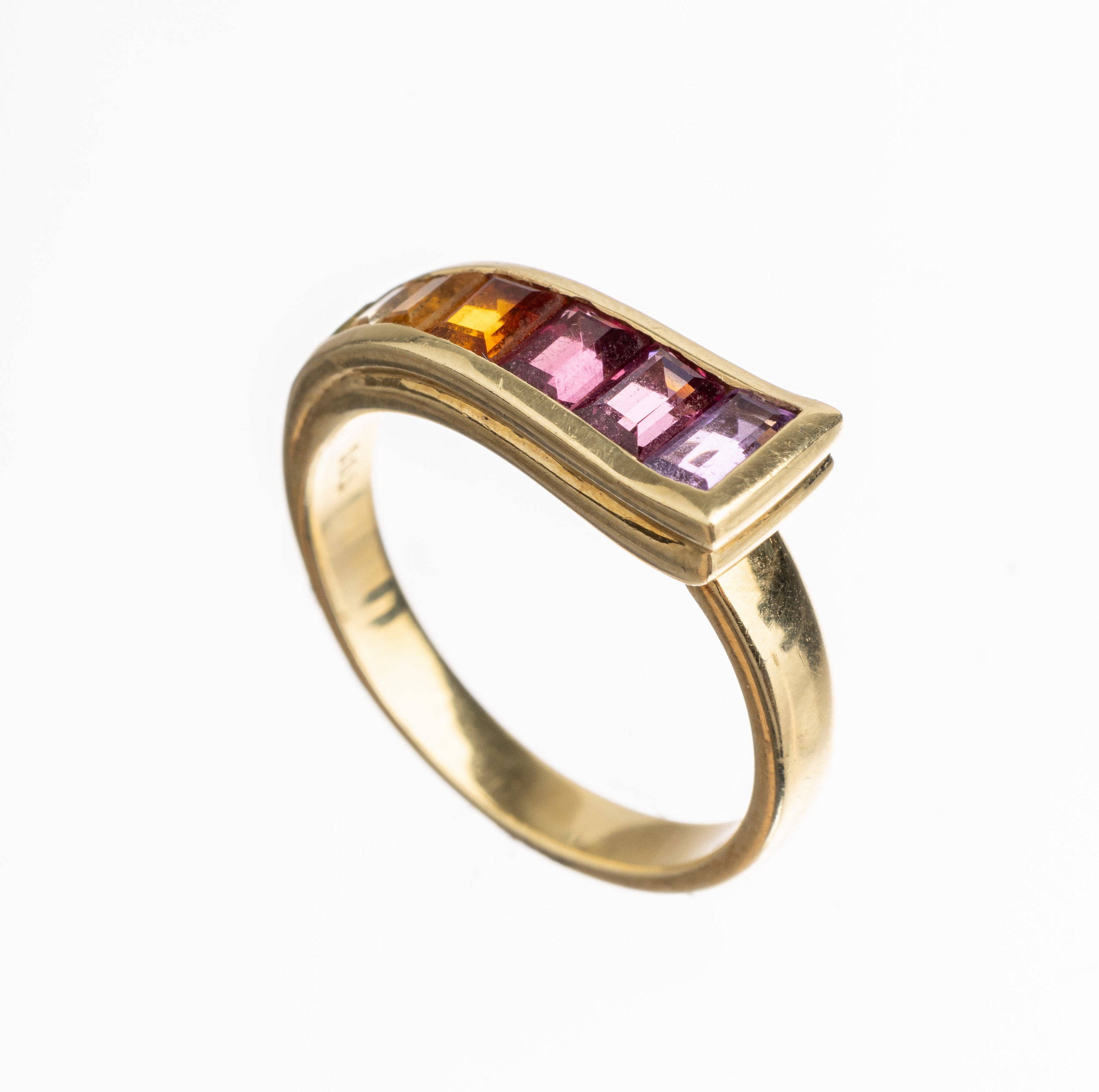 14 kt Gold Regenbogen Farbstein Ring, GG 585/000, facett. Farbsteine u.a. Amethyst, Citrin, Turmalin zus. ca. 2.50 ct, ca. 4.5 g, RW 54