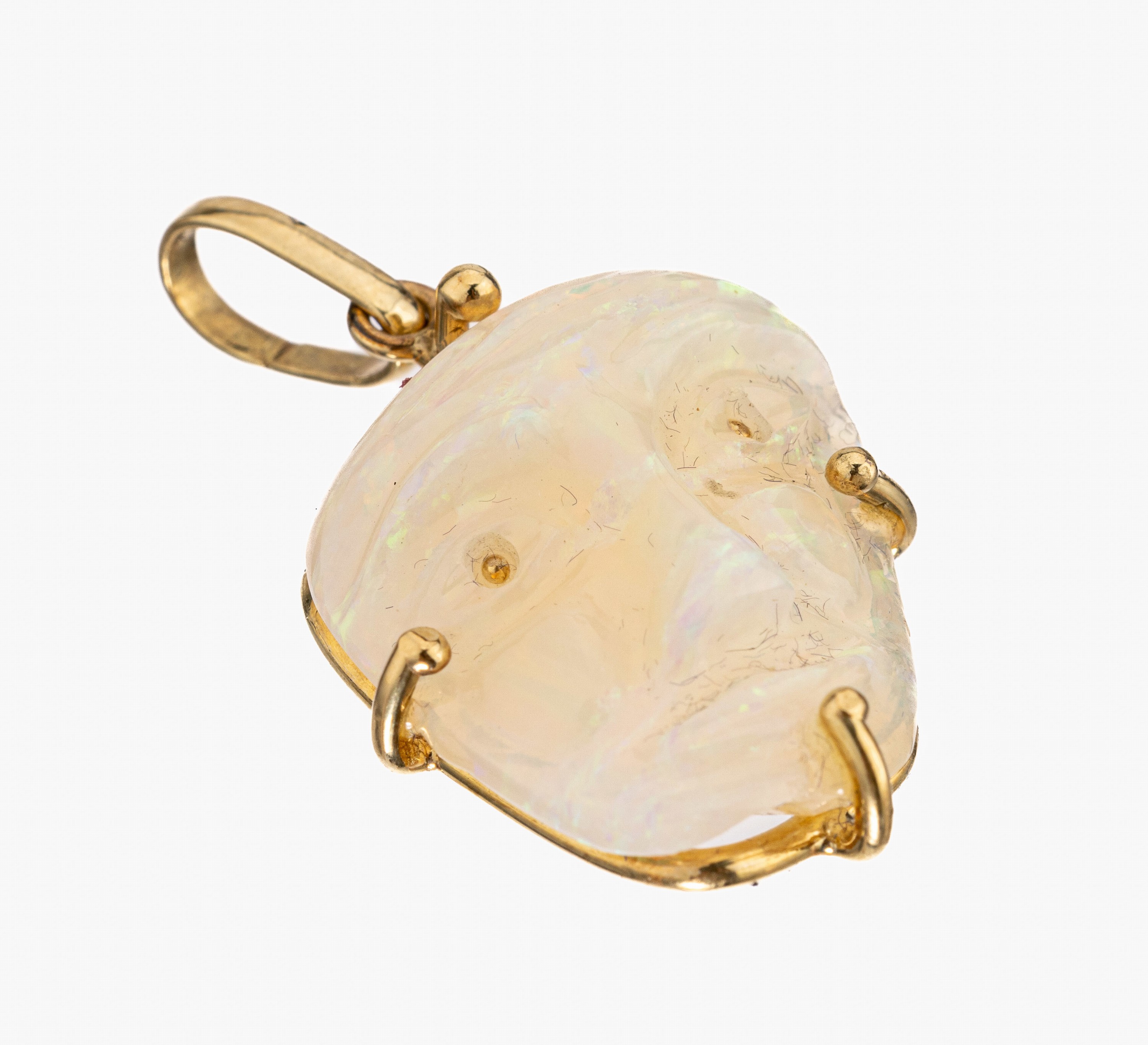 14 kt Gold Anhänger mit Opalgravur, GG 585/000, Opal in Form einer Maske, ca. 8.00 ctmit schönem Farbspiel in Rot und Grün, L. ca. 3.8 cm, ca. ...