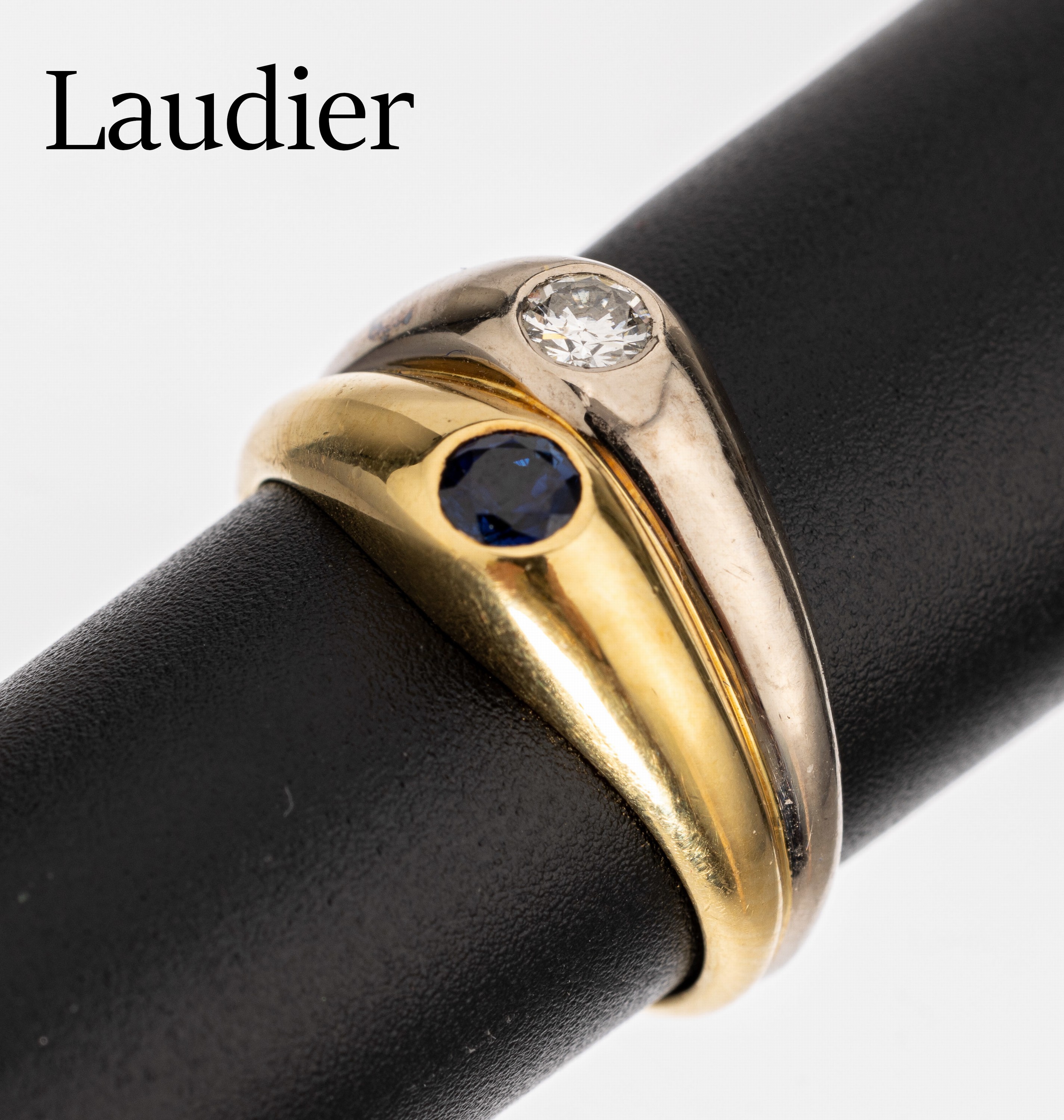 18 kt Gold LAUDIER Saphir Diamant Ring, GG/WG 750/000, Brillant ca, 0.16 ct Weiß/si, rundfacett. Saphir ca 0.25 ct, RW 54, ca. 7.1 g, Georg Lauer ...