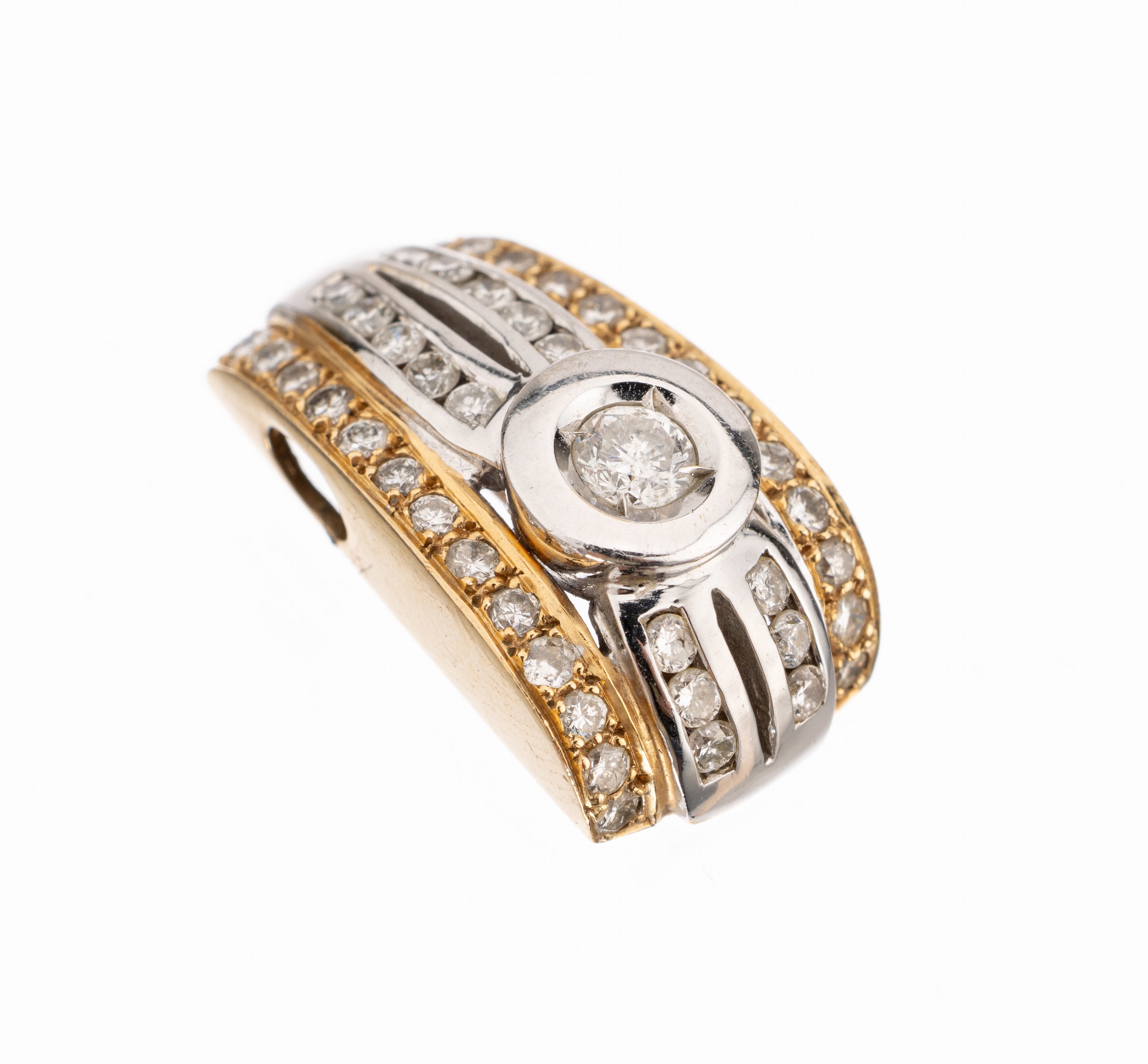 14 kt Gold Brillant-Anhänger, GG 585/000, Designer Anhänger, teilw. rhod., mit 45 Brillanten zus. ca. 1.2 ct Weiß/si, ca. 7.5 g