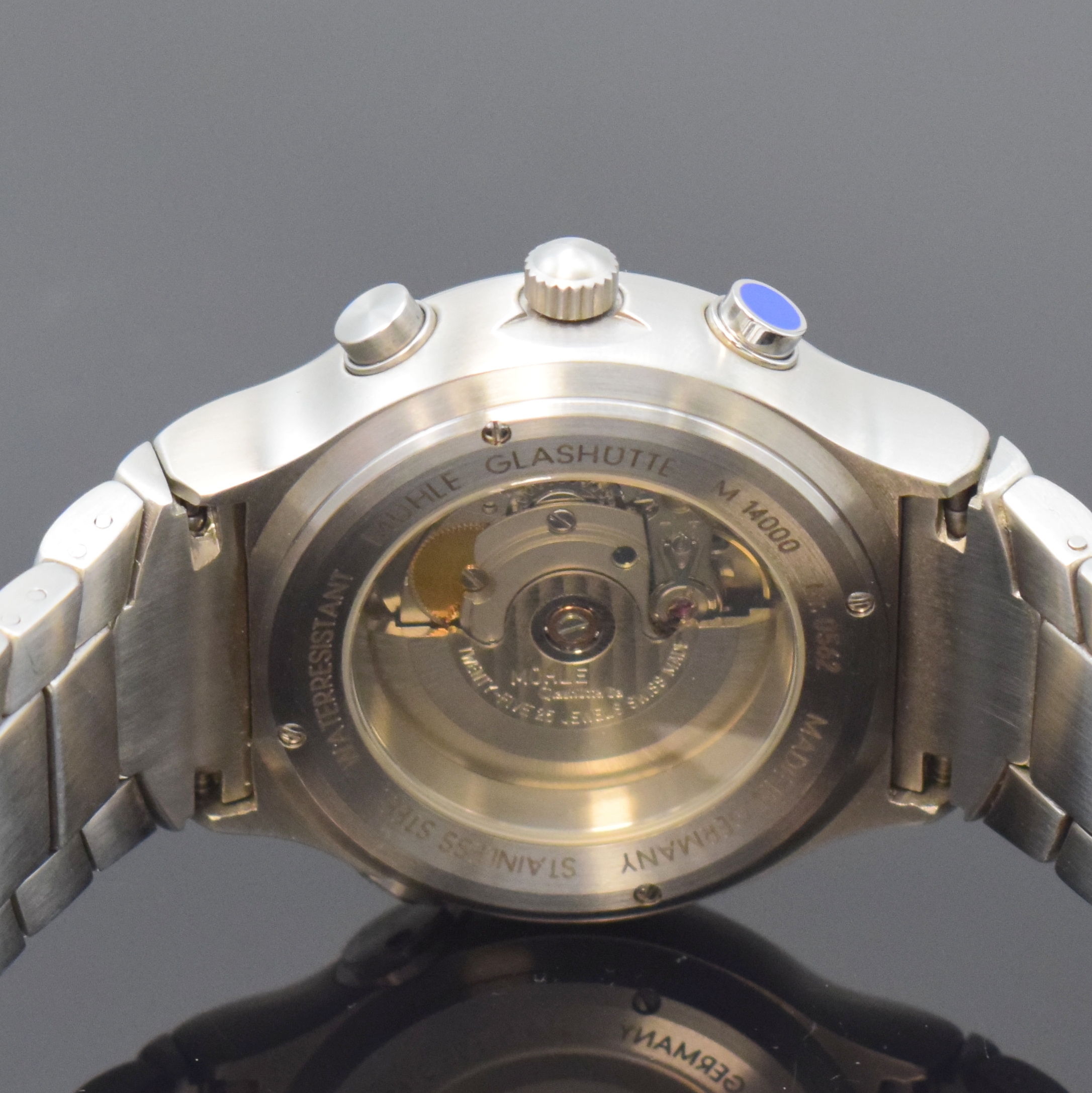 Detail d: NAUTISCHE INSTRUMENTE MÜHLE GLASHÜTTE A.T.P One Referenz M 14000, Deutschland um 2010, Automatik, Edelstahlgeh. inkl. Gliederband m. Faltschl., ...