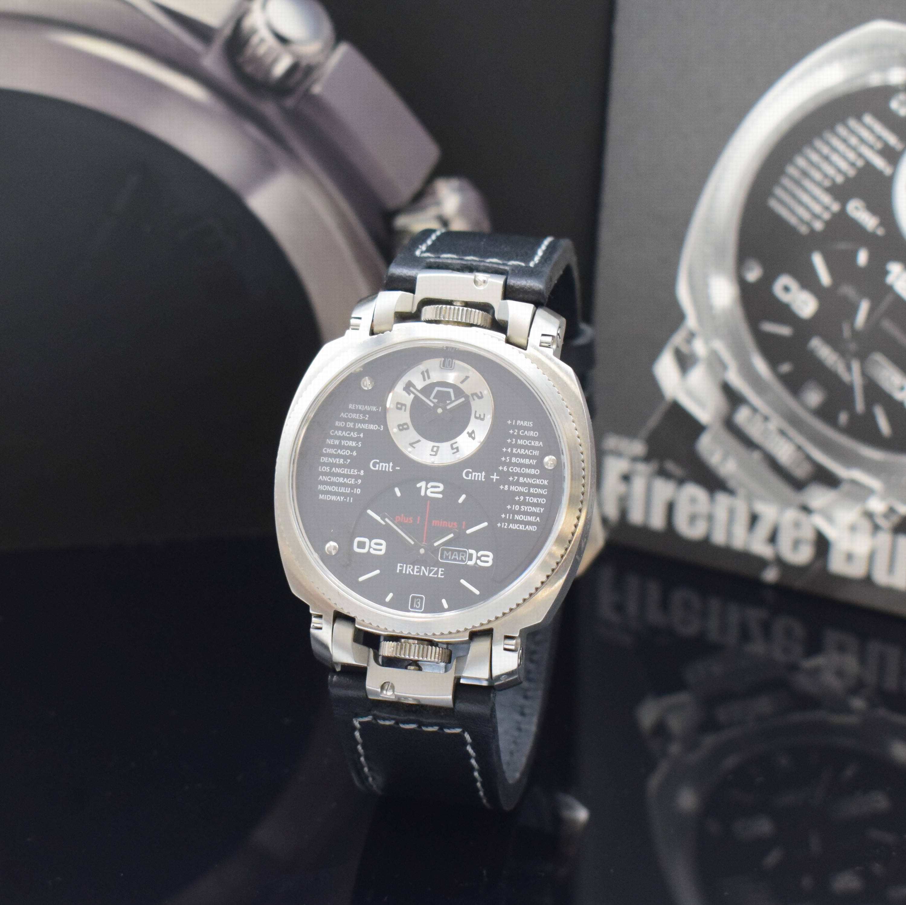 ANONIMO Herrenarmbanduhr mit 2. Zeitzone Firenze Dual Time 2009, Automatik, Italien um 2009, beids. vergl. Edelstahlgeh. inkl. Lederband m. orig. ...