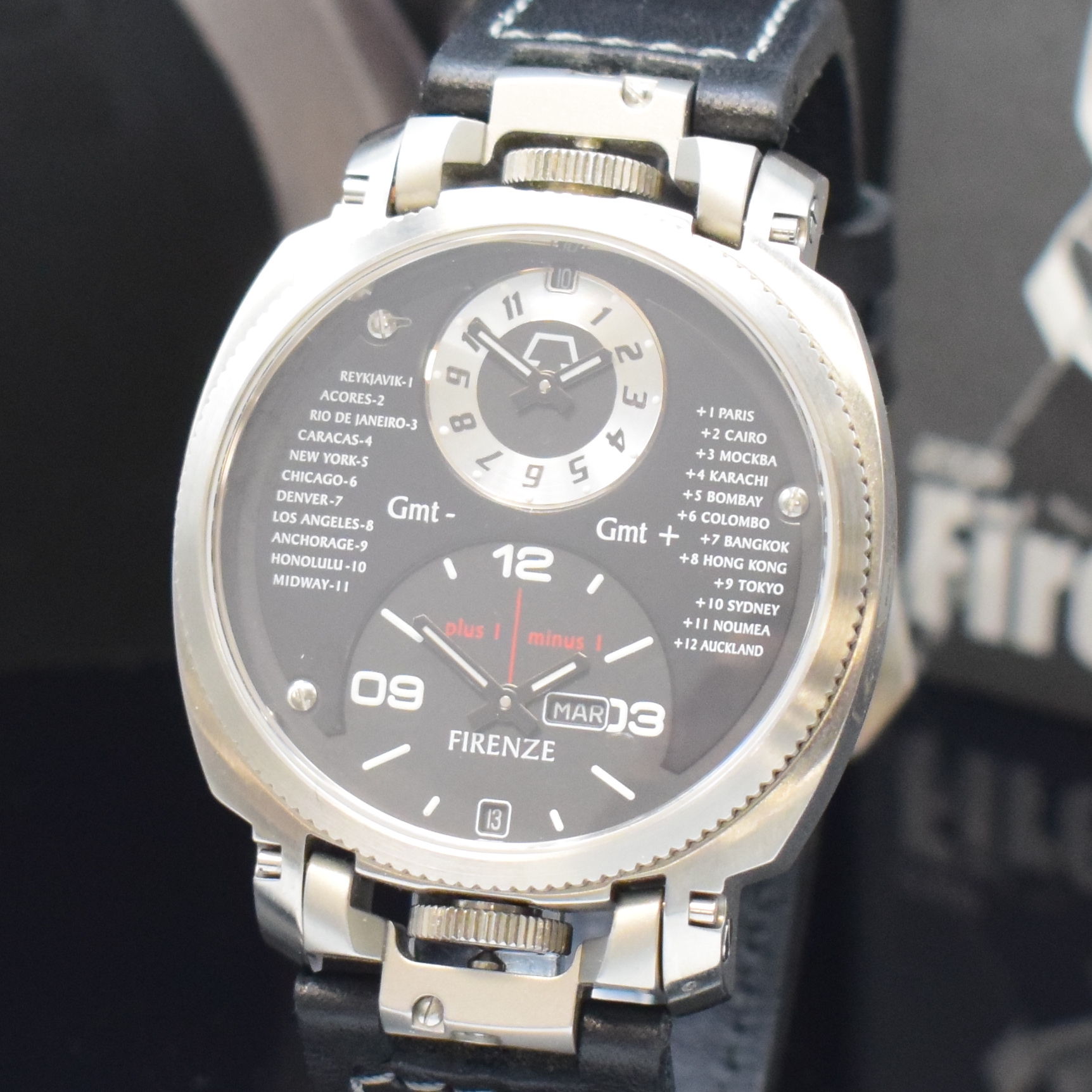 Detail a: ANONIMO Herrenarmbanduhr mit 2. Zeitzone Firenze Dual Time 2009, Automatik, Italien um 2009, beids. vergl. Edelstahlgeh. inkl. Lederband m. orig. ...