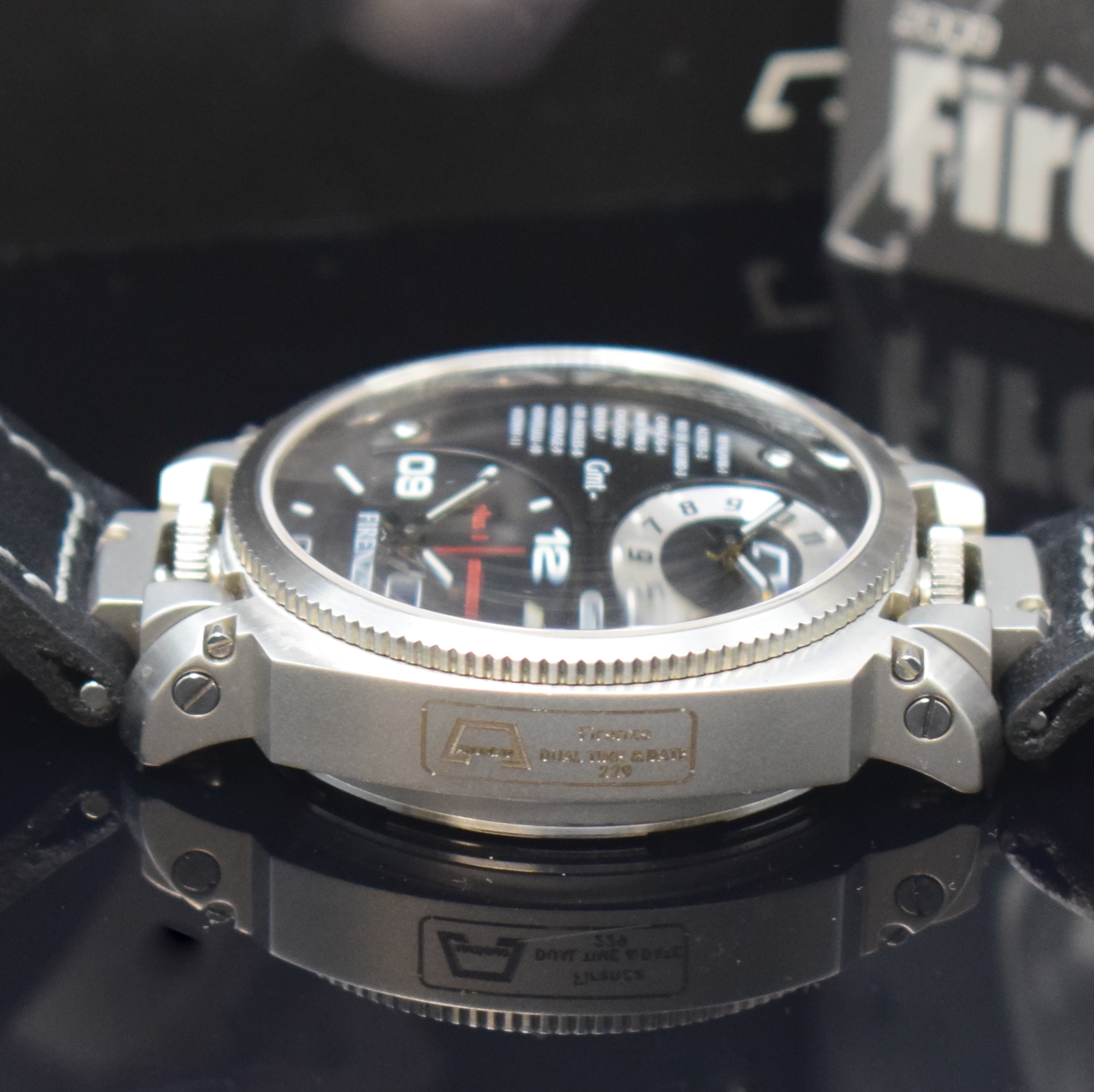 Detail b: ANONIMO Herrenarmbanduhr mit 2. Zeitzone Firenze Dual Time 2009, Automatik, Italien um 2009, beids. vergl. Edelstahlgeh. inkl. Lederband m. orig. ...