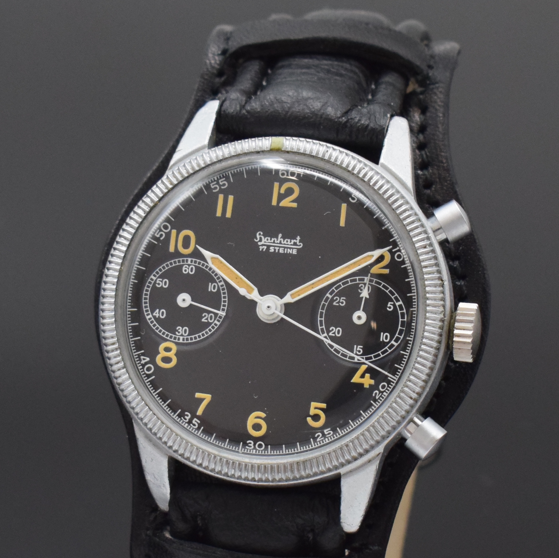 Detail a: HANHART Flyback Flieger-Schaltradchronograph der Bundeswehr Type 417, Deutschland um 1960, Handaufzug, verchr. Messinggeh., gedr. Stahlboden m. ...