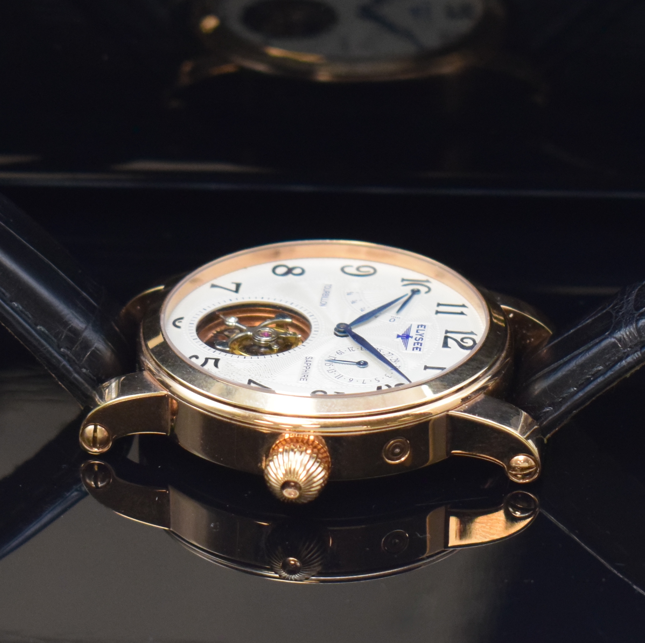 Detail c: ELYSEE auf 100 Stück limitiertes Armbandtourbillon Referenz 49042, um 2010, Handaufzug, verg., beids. vergl. Edelstahlgeh. inkl. orig. Lederband m. ...
