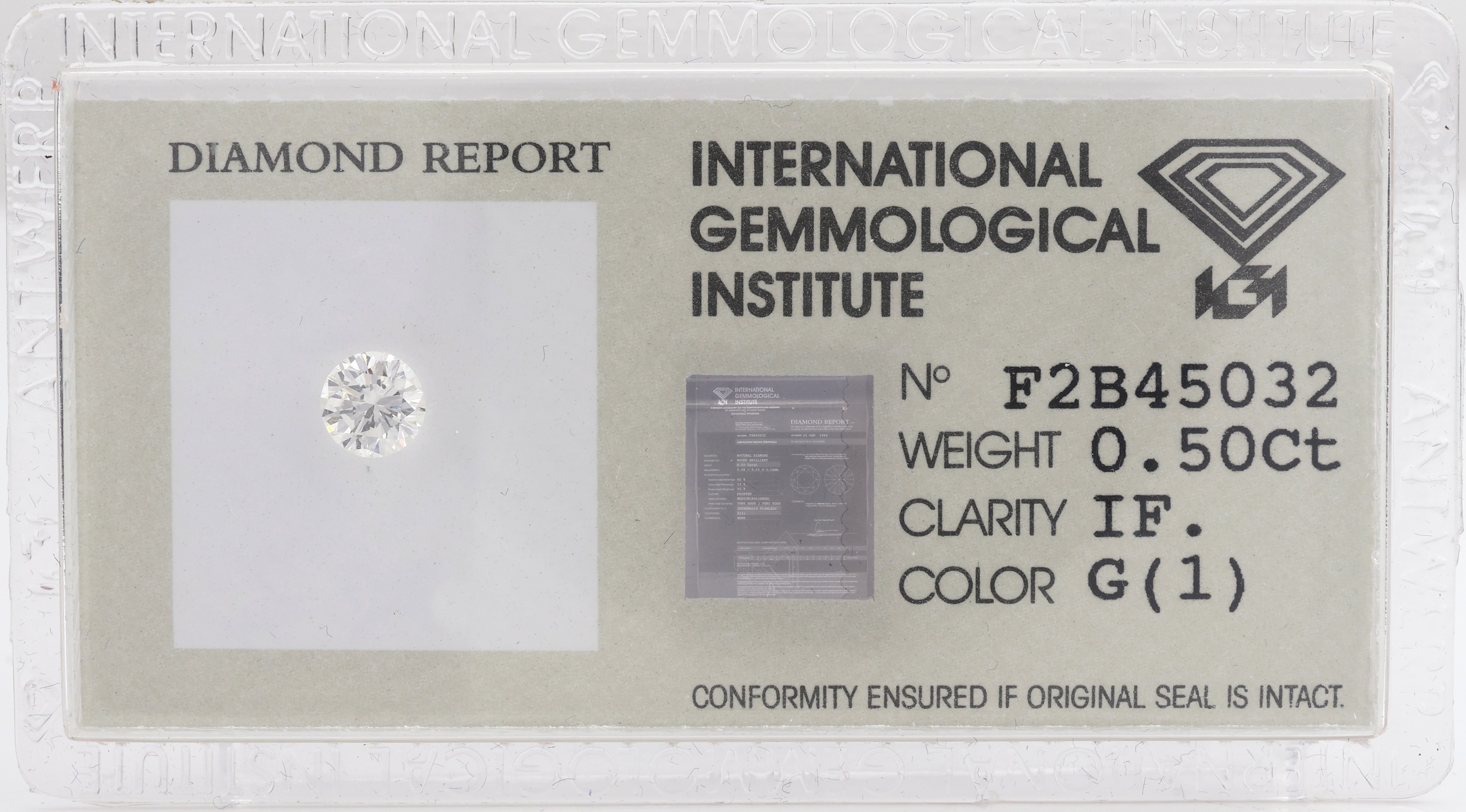 Loser Brillant 0.50 ct feines Weiß(G)/if, verschweißt, IGI