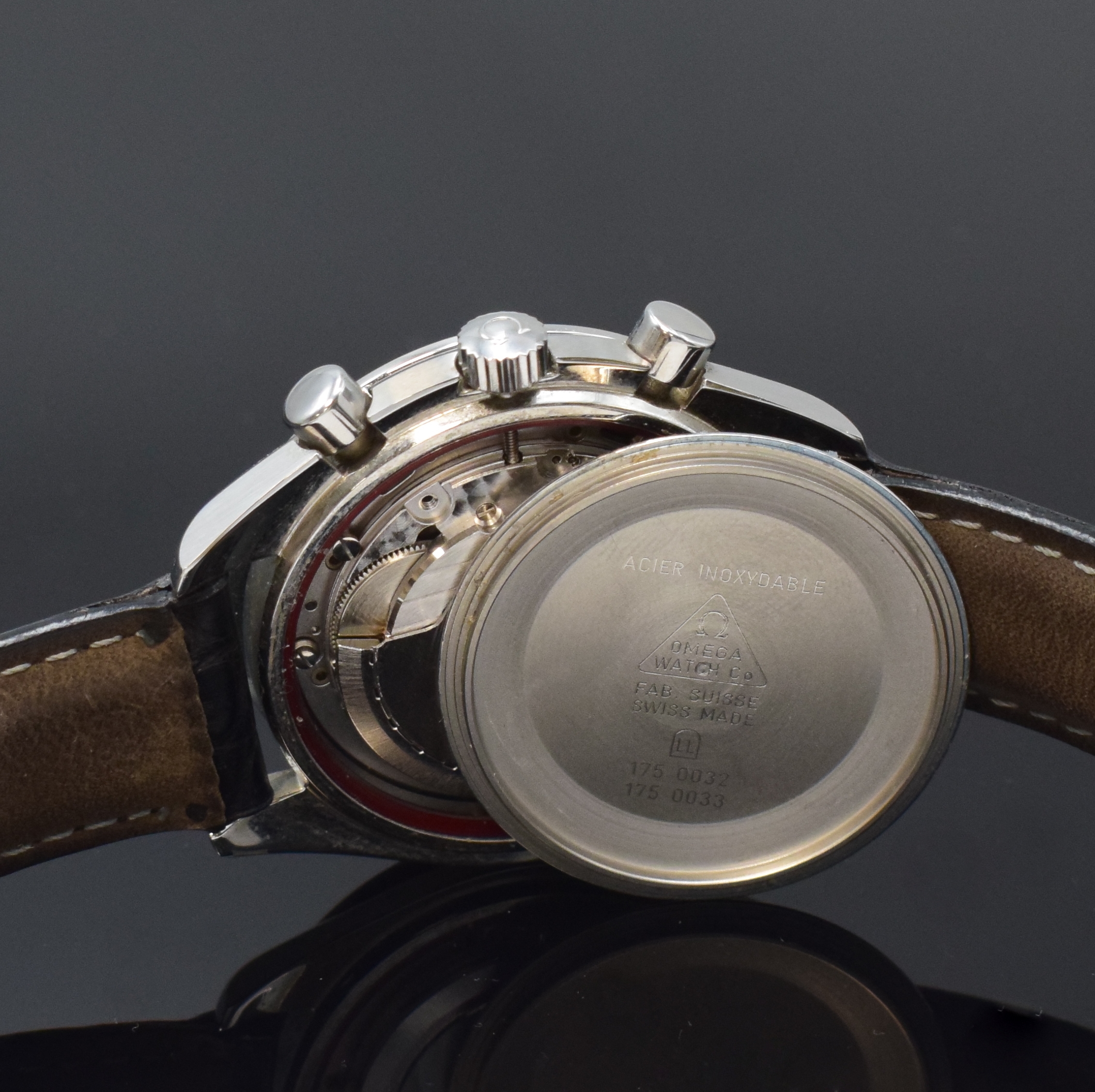 Detail g: OMEGA Armbandchronograph Speedmaster Referenz 175.0032, Schweiz um 1990, Automatik, Edelstahlgeh., Boden aufgedr., neutr. Lederband m. orig. ...