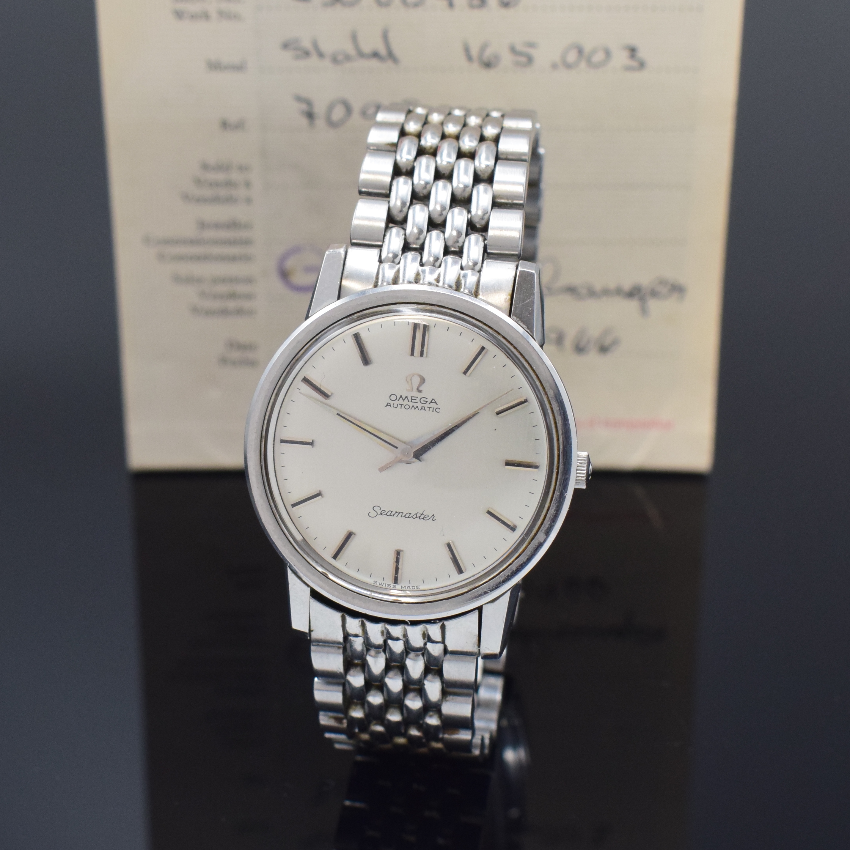 OMEGA Seamaster Herrenarmbanduhr in Stahl Referenz 165.003, Schweiz verk. lt. beil. Garantie 08/1966, Automatik, orig. Gliederband m. Faltschl., ...