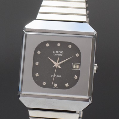 26795055a - RADO wristwatch series Diastar reference 129.0168.3, Switzerland around 1980, scratch- proof case, sapphire glass, original bracelet, quartz, dial with raised 11 applied diamond indices, display of hours, minutes, sweep seconds and date, snap on case back, measures approx. 36 x 30 mm, condition 2-3