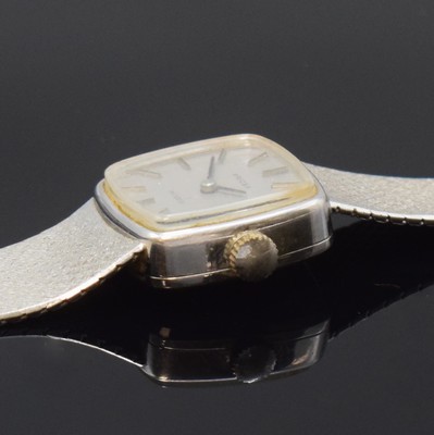 26795065c - PRIOSA 14k white gold ladies wristwatch with Milanaise-bracelet, Switzerland around 1965, manual winding, snap on case back, silvered dial spotty, applied hour-indices, blackened hands, calibre AS 1977-2, 17 jewels, measures approx. 20 x 20 mm, length approx. 18 cm, total-weight approx. 33g, needs to be overhauled, condition 2-3