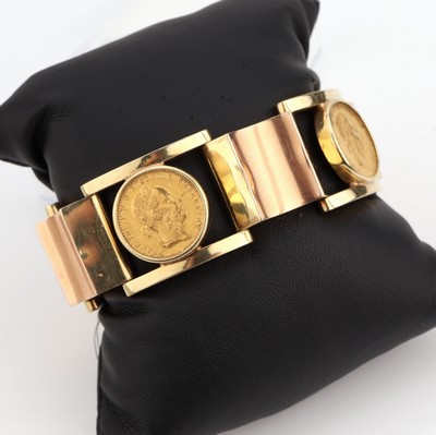 Image 14 kt gold coin bracelet , approx. 63.7 g, YG 585/ 000, coin inlay: 4 x 1 ducat, ...