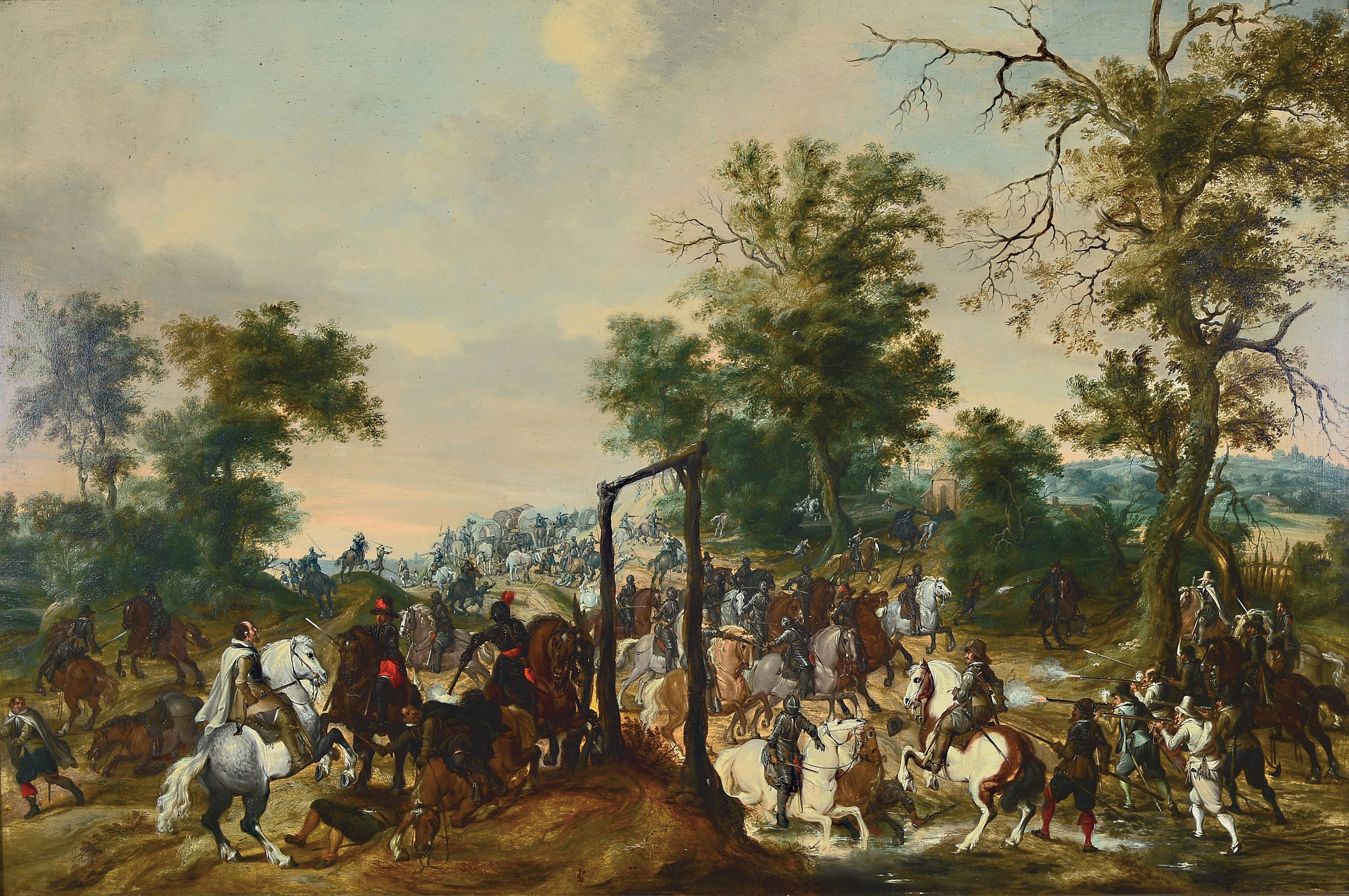 Peeter Snyers, 1681-1752 Antwerpen, Schlachtenszene um einen Galgenberg, Gefecht mit Kavallerie und Infanterie, vordergründiges Offiziersgefecht, ...