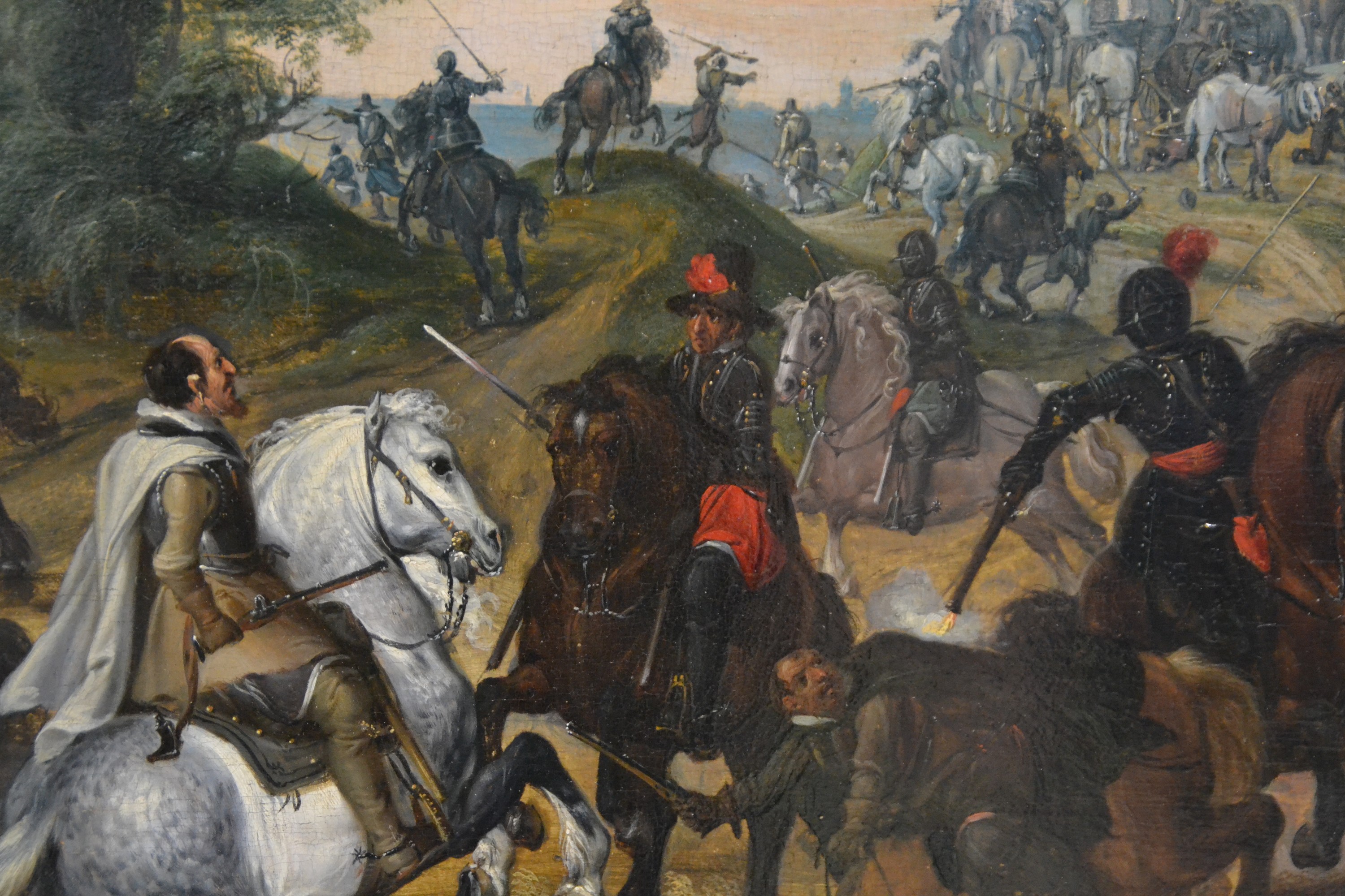 Detail e: Peeter Snyers, 1681-1752 Antwerpen, Schlachtenszene um einen Galgenberg, Gefecht mit Kavallerie und Infanterie, vordergründiges Offiziersgefecht, ...