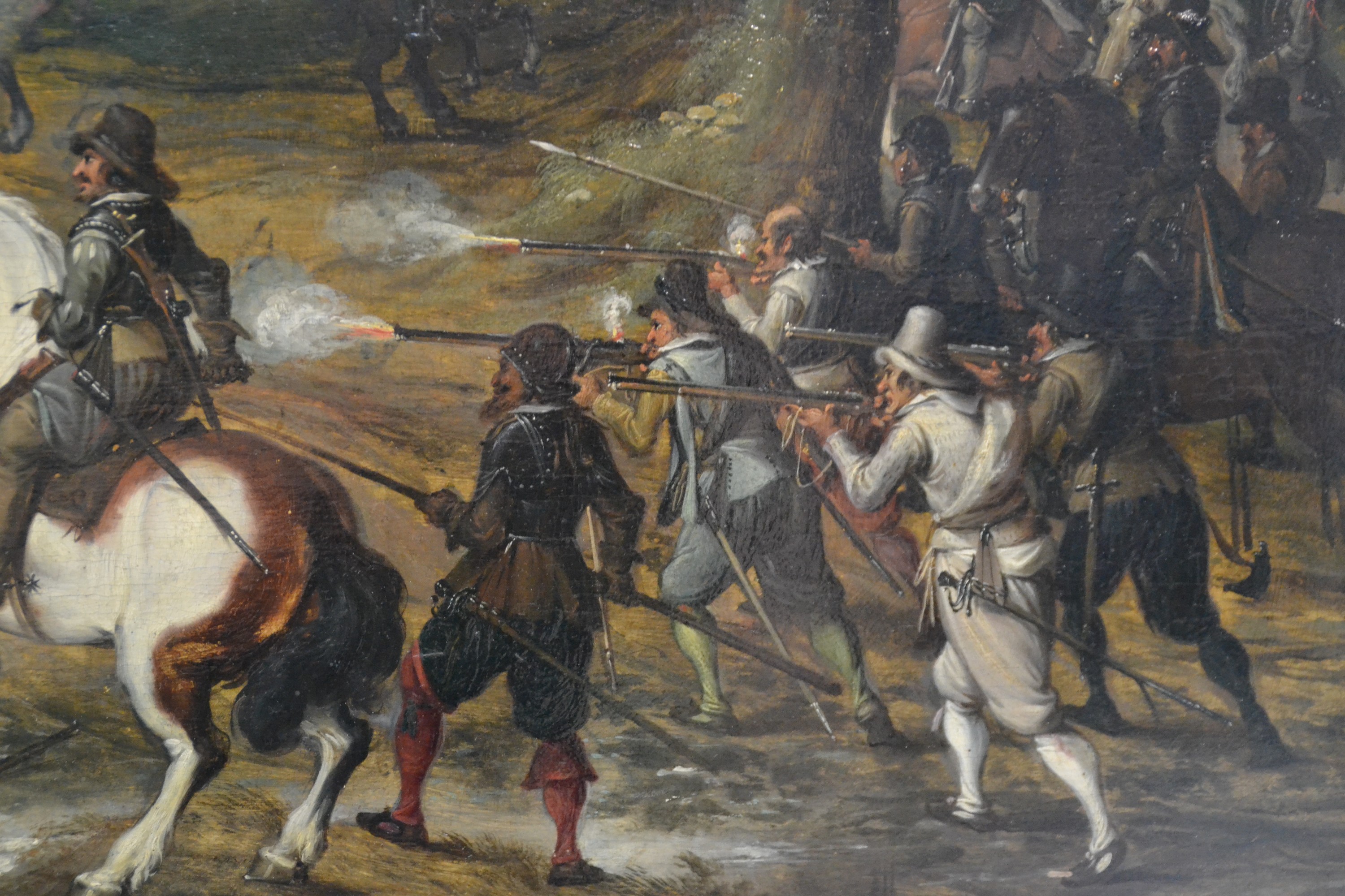 Detail g: Peeter Snyers, 1681-1752 Antwerpen, Schlachtenszene um einen Galgenberg, Gefecht mit Kavallerie und Infanterie, vordergründiges Offiziersgefecht, ...