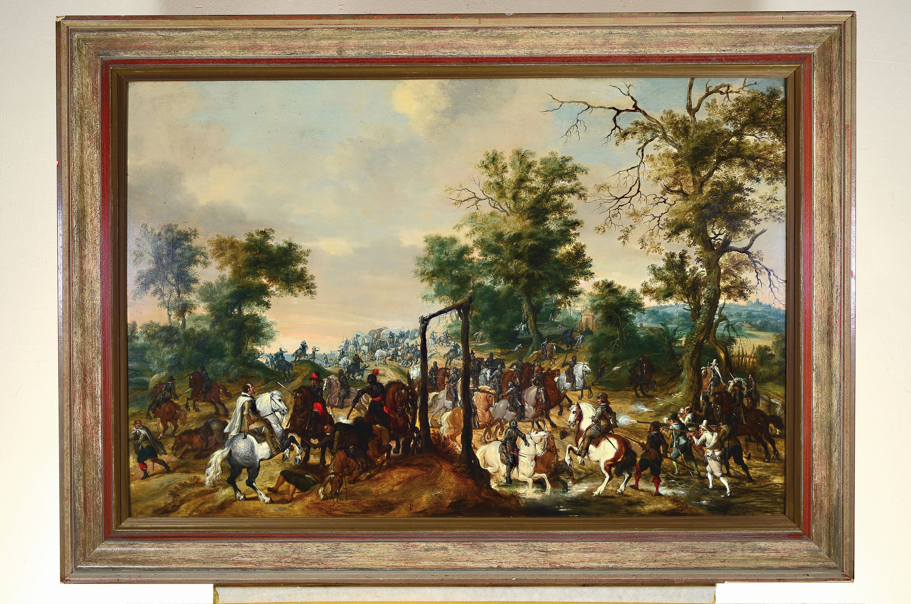 Detail k: Peeter Snyers, 1681-1752 Antwerpen, Schlachtenszene um einen Galgenberg, Gefecht mit Kavallerie und Infanterie, vordergründiges Offiziersgefecht, ...