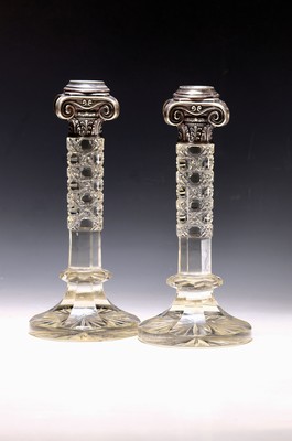 Image Pair of candlesticks, around 1900, cut crystal glass body, column shape, metal fittings, ...