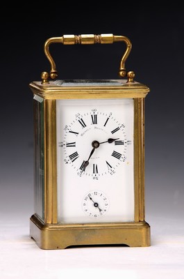 Image Travel alarm clock, France around 1881, brass housing faceted on all sides. glazed, model ...