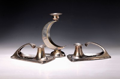 Image Pair of Art Nouveau candlesticks, metal, probably tin-plated, nozzle inserted, each with ...