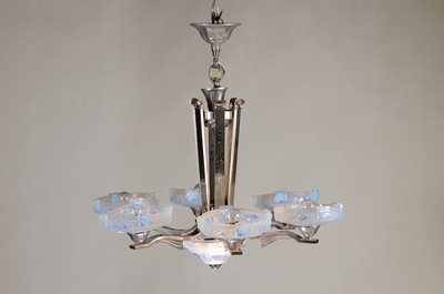 Image Ceiling lamp, France, 1930s, Art Deco, nickel-plated metal body, 7 thick-walled opaline ...