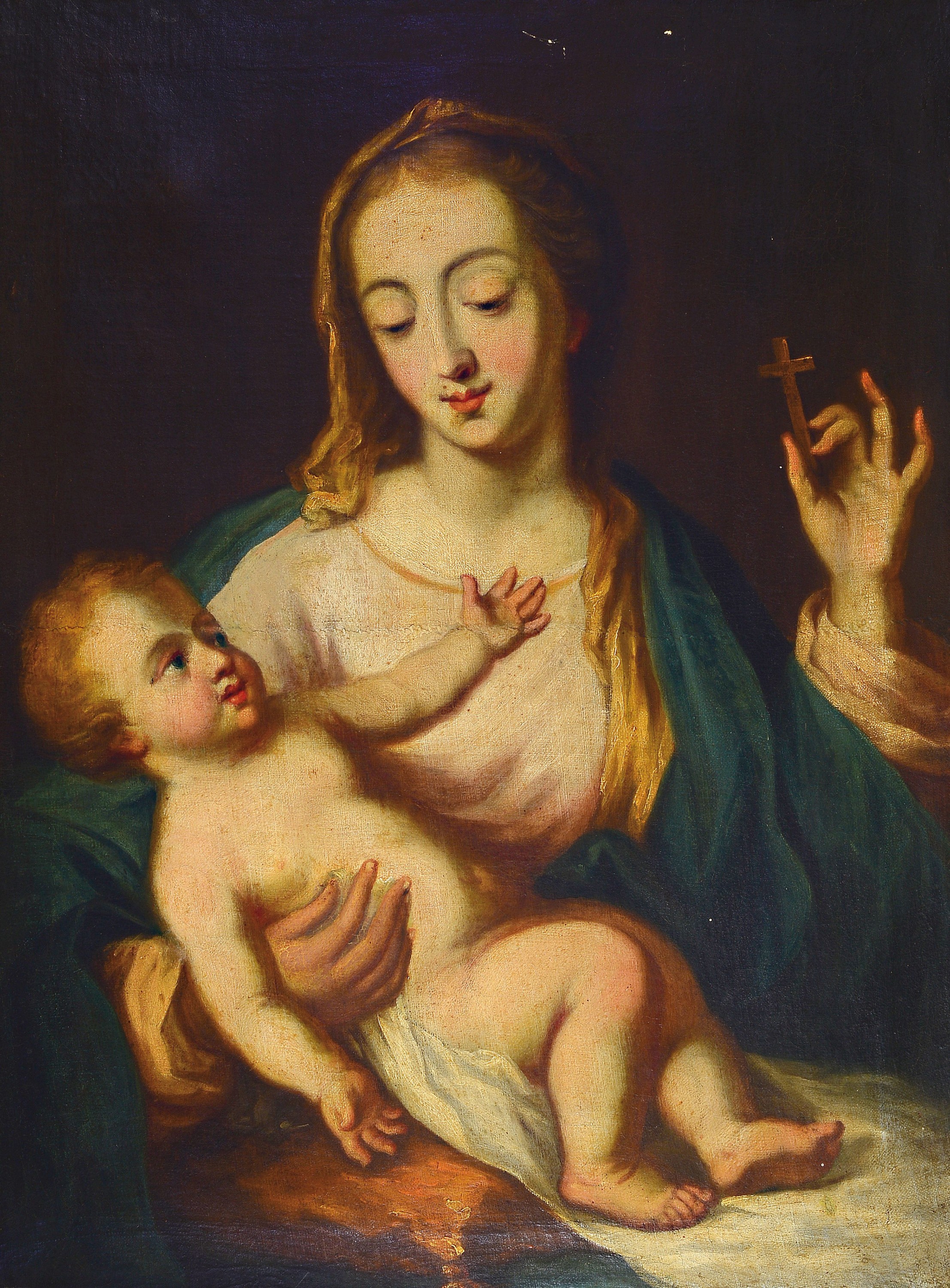 Unbekannter Künstler, 18. Jh., Mutter Gottes mit Kind, Öl/Lwd, signiert, ältere Restaurierung, Altersschäden, ca. 75x55 cm, Rahmen 81x63 cm