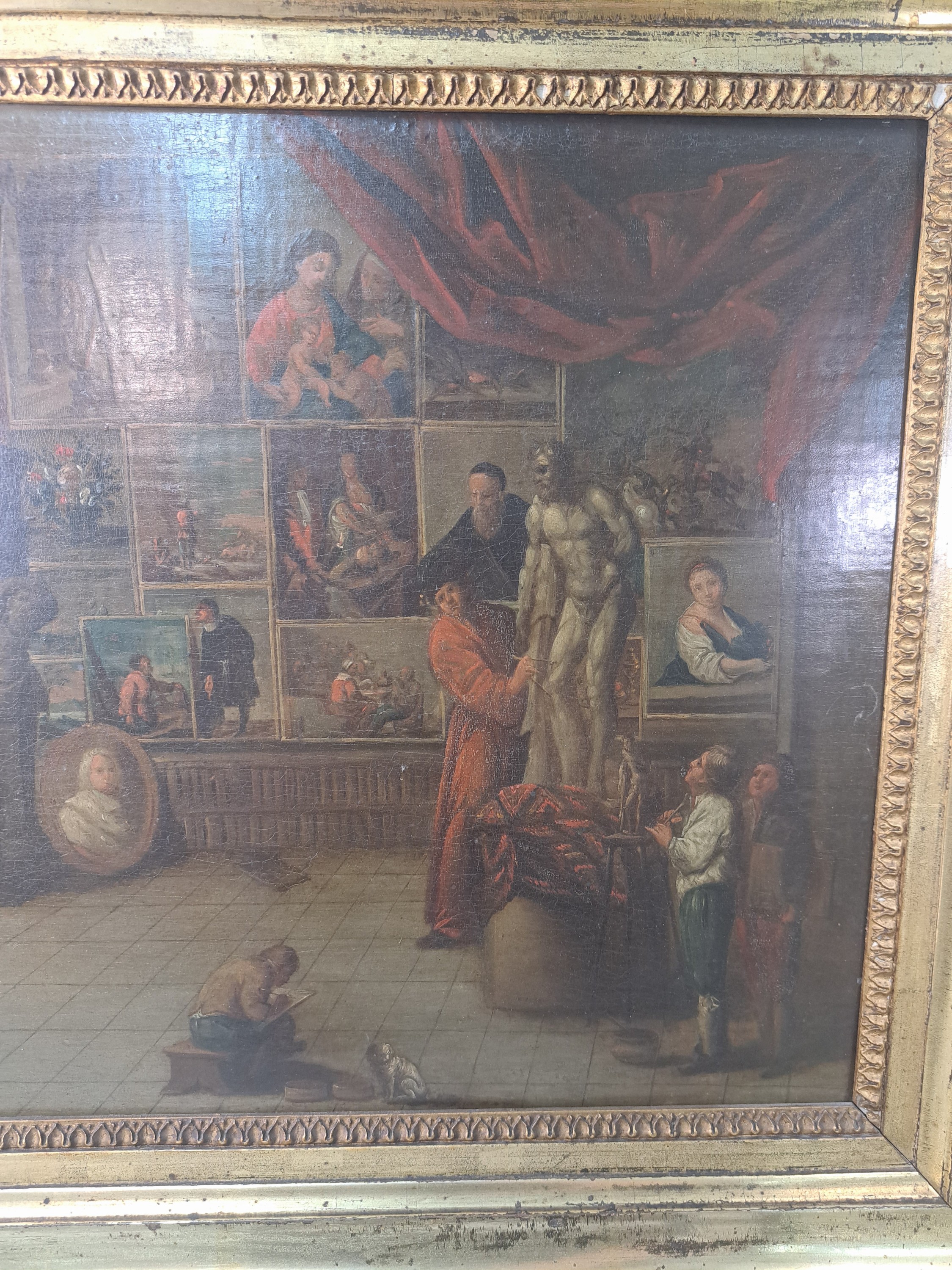 Detail a: Unbekannter flämischer Künstler des 17./frühen18.Jh., Umkreis Balthazar van den Bossche (1681-1715), im Atelier des Künstlers, der Meister ...