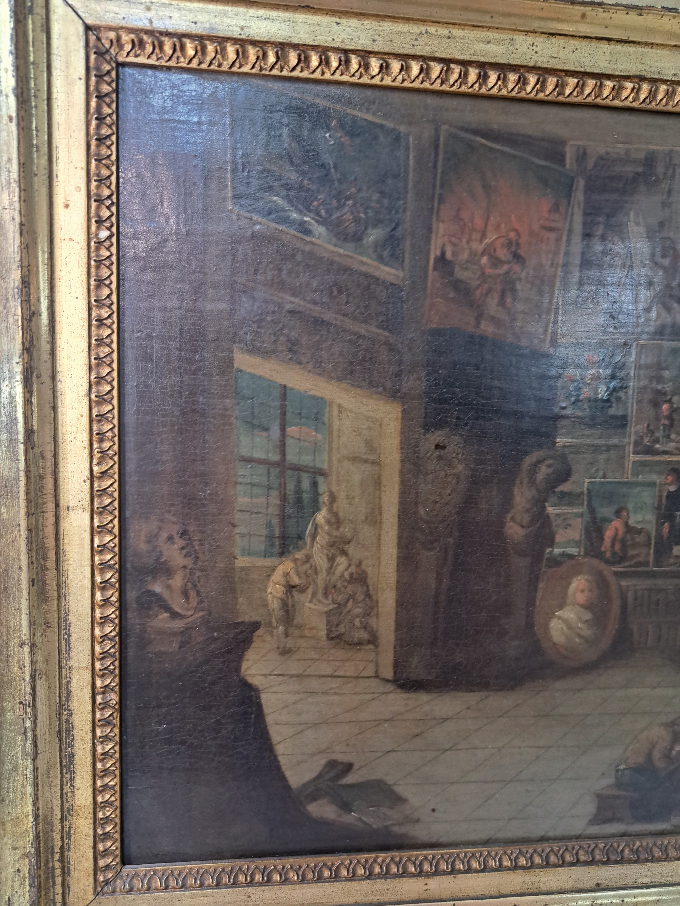 Detail b: Unbekannter flämischer Künstler des 17./frühen18.Jh., Umkreis Balthazar van den Bossche (1681-1715), im Atelier des Künstlers, der Meister ...