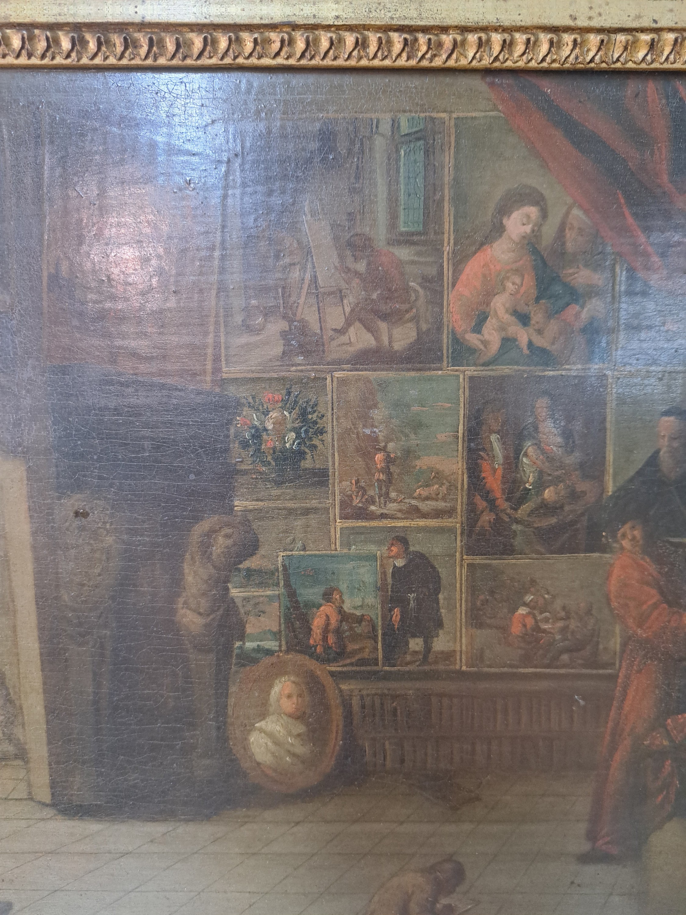 Detail c: Unbekannter flämischer Künstler des 17./frühen18.Jh., Umkreis Balthazar van den Bossche (1681-1715), im Atelier des Künstlers, der Meister ...