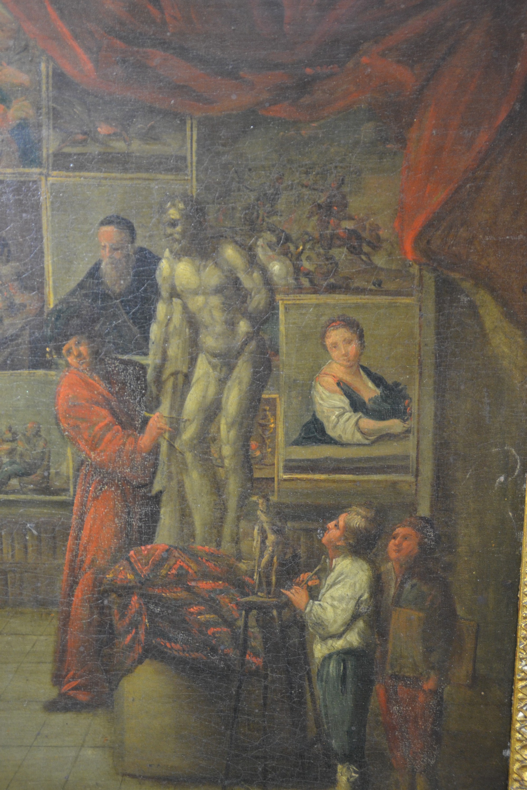 Detail f: Unbekannter flämischer Künstler des 17./frühen18.Jh., Umkreis Balthazar van den Bossche (1681-1715), im Atelier des Künstlers, der Meister ...