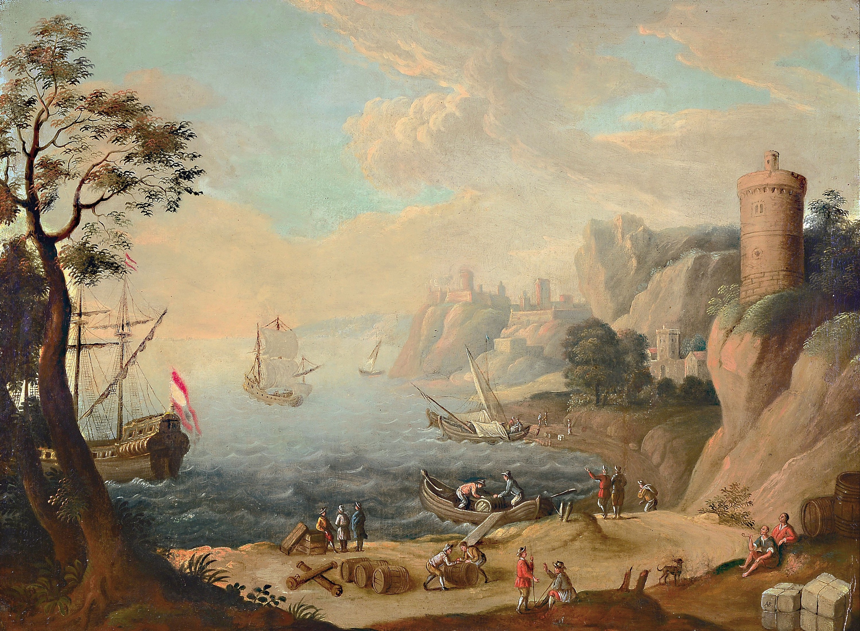 Unbekannter Monogrammist AB, wohl niederländisch 18.Jh., Küstenlandschaft mit Städten und Burgen, reiche Figurenstaffage im Hafen, monogrammiert ...