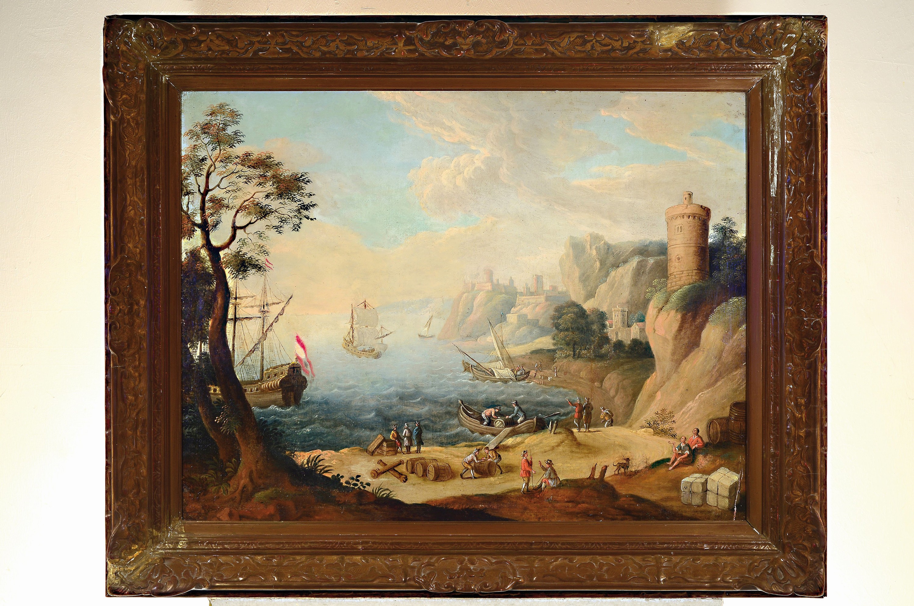 Detail k: Unbekannter Monogrammist AB, wohl niederländisch 18.Jh., Küstenlandschaft mit Städten und Burgen, reiche Figurenstaffage im Hafen, monogrammiert ...