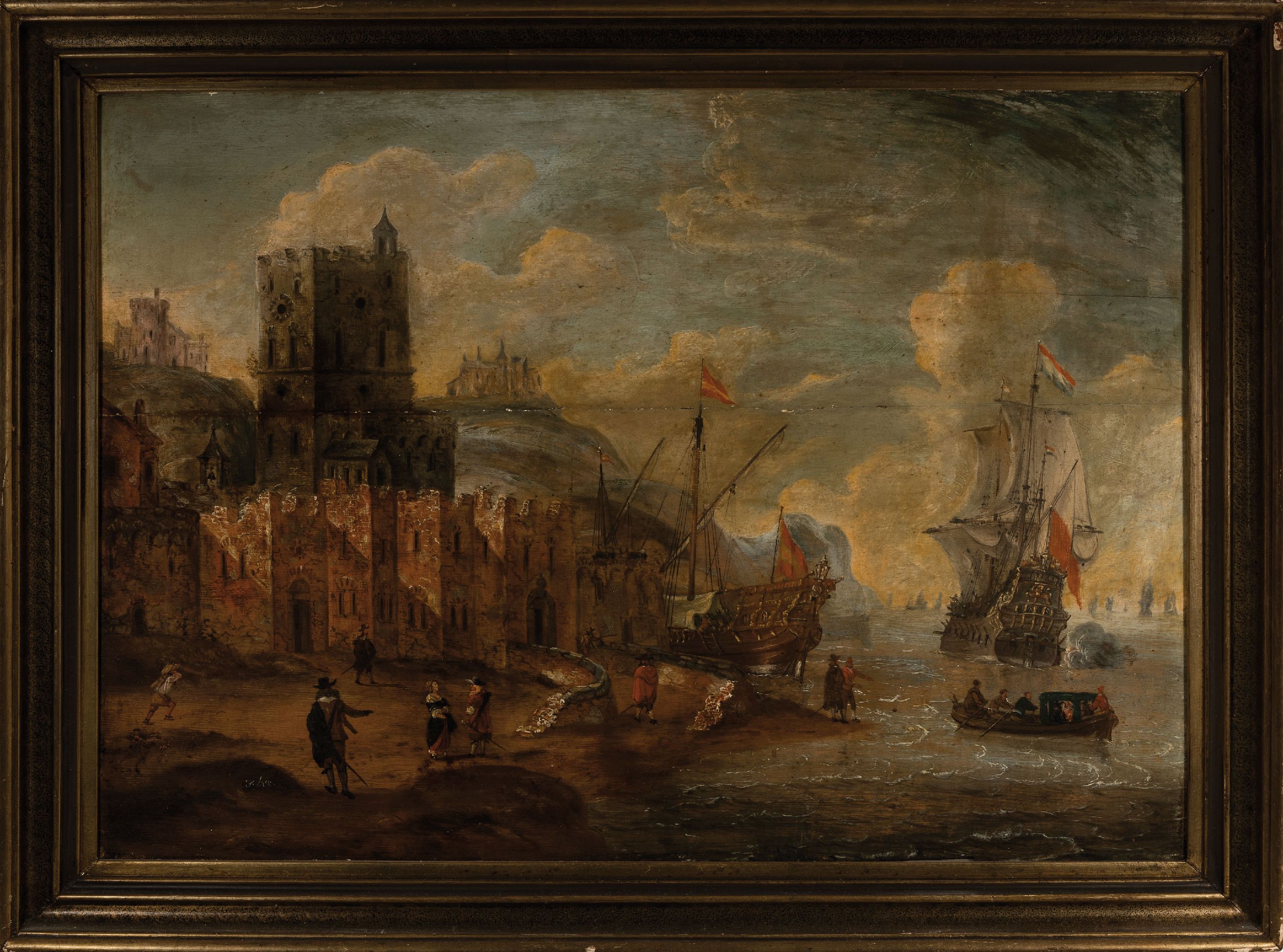 Detail k: Johann Ludwig Lex (wohl), 1766-1820, Saarbrücker Maler, Hafenansicht mit Schiffen, mit Seegefecht vor der Küste, Öl/Lwd/Holz, horizontaler Riss ...
