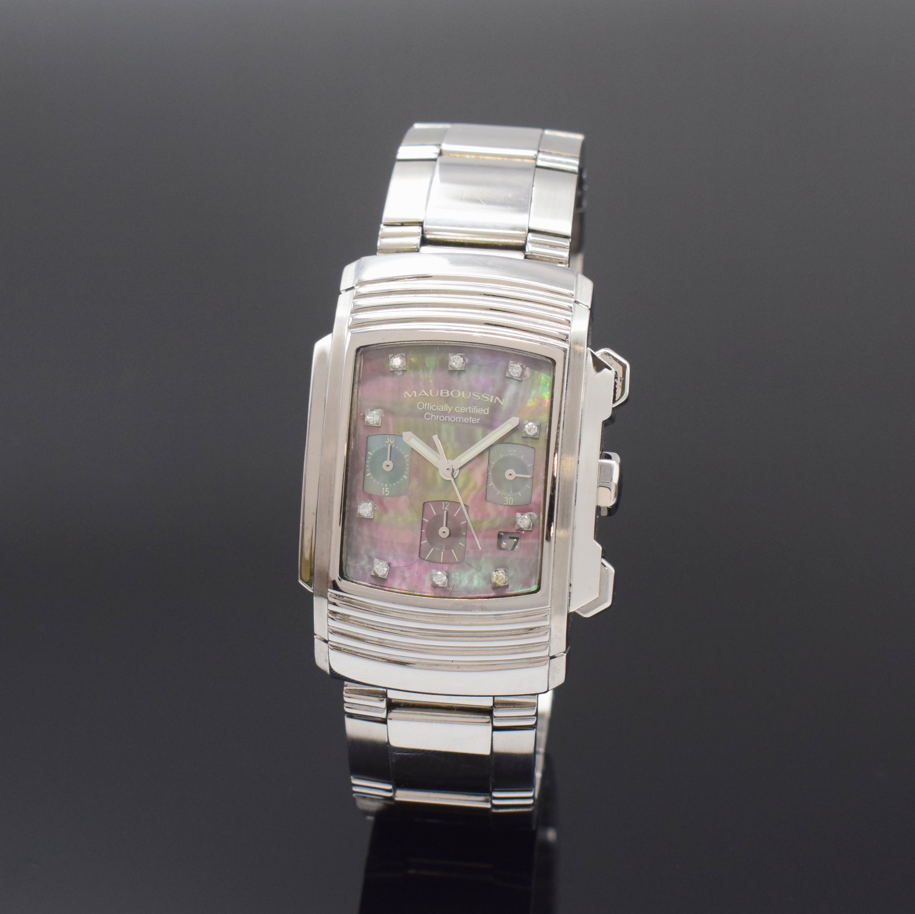 MAUBOUSSIN Armbandchronograph Fouga, Automatik, Schweiz um 2014, beids. vergl. Edelstahlgeh. inkl. Gliederband m. dopp. Faltschl., Boden 8-fach ...